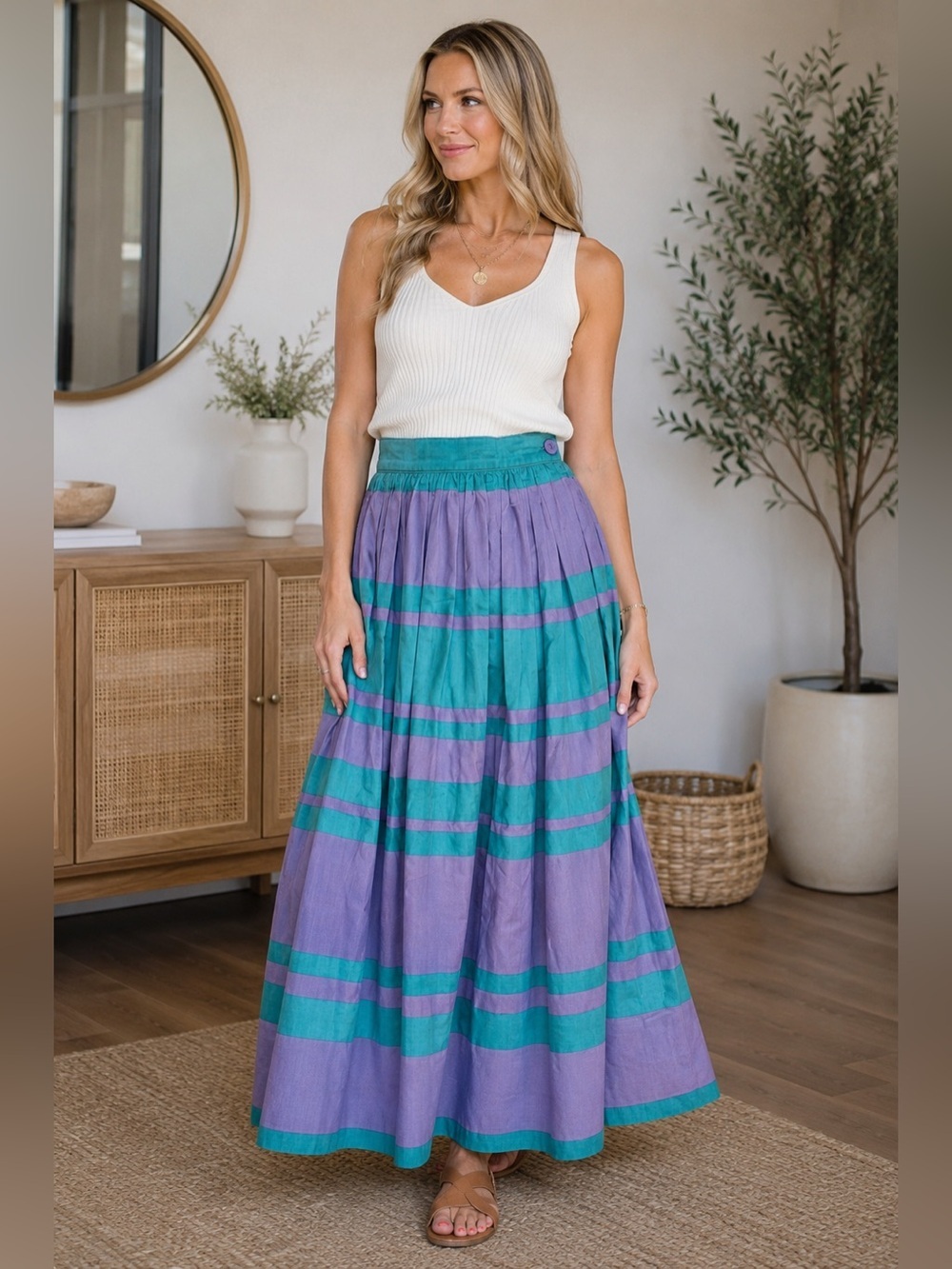 Vintage Prophecy Lavender Purple & Teal Horizontal Stripe Pleated Maxi Skirt
